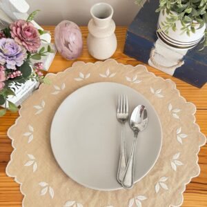 Beige Linen Scallop Leaf Embroidered Round Placemat (Set of 4)