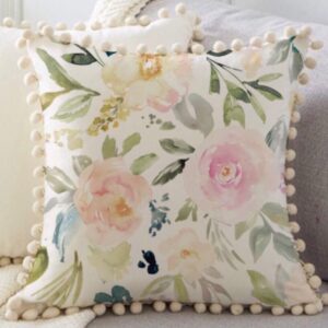 Watercolor Floral Pom Pom Pillow Cover
